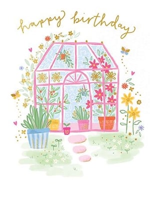 Celebrate special birthdays with our delightful 'Open Birthday Female' card from Paper Rose. This charming design features a whimsical pink greenhouse, absolutely bursting with vibrant flowers and lush greenery, creating a truly joyful scene. Golden 'Happy Birthday' lettering adds a touch of sparkle, while pretty butterflies and a stepping stone path complete this enchanting illustration. Perfect for sending warm wishes to any woman, this card is sure to bring a smile. Available in a convenient pack of 6, it's an ideal choice for your retail offering.