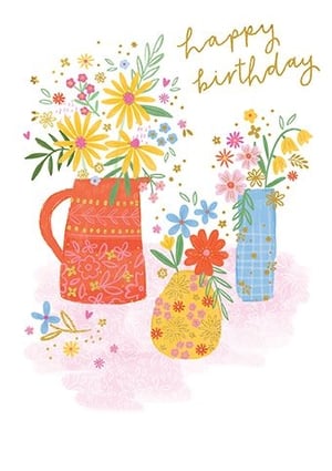 Celebrate birthdays in style with this lovely Open Birthday Female card from Paper Rose. Adorned with a vibrant and cheerful illustration of colourful flowers in decorative vases, this design is sure to bring a smile. The elegant 'happy birthday' script, complemented by subtle gold details, adds a touch of charm. Perfect for a wide range of female recipients, from family to friends, its joyful aesthetic makes it a wonderful choice for any age. Available in a convenient 1x6 pack size, these cards offer a beautiful option for your customers looking for something special. A delightful addition to your greeting card selection.
