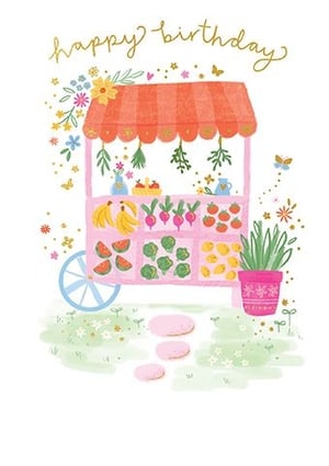 Brighten any birthday with this delightful 'Happy Birthday' card from Paper Rose. Featuring a charming market stall brimming with fresh produce and vibrant flowers, this card is a celebration of colour and joy. The whimsical illustration, complete with a striped awning, potted plant, and scattered butterflies, creates a truly enchanting scene. Perfect for female recipients of all ages, its cheerful design and warm message are sure to bring a smile. Each pack contains 6 beautifully crafted cards, ready to add a touch of sunshine to your greeting card selection.