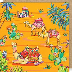 Add a splash of vibrant colour and exotic charm to your card collection with this gorgeous design from Paper Rose. This 'Blank Female' card features a captivating desert scene, complete with beautifully adorned camels, flourishing cacti boasting delicate pink flowers, and distant, intricate architecture under a bright orange sky. The rich, illustrative style and cheerful palette make it truly eye-catching. Perfect for a variety of female recipients and suitable for any occasion, this versatile blank card allows customers to add their personal message. Supplied in a wholesale pack of 6, it's a delightful choice for your retail display.