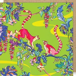Add a splash of vibrant joy to your card selection with this delightful design from Paper Rose! Featuring two charming lemurs amidst a lush, colourful jungle, this blank card is a true eye-catcher. The lively lime green background perfectly complements the hot pink and cream lemurs, whose distinctive striped tails add a playful touch.
Bursting with exotic blue, purple, and green foliage, this card offers a wonderfully whimsical and tropical feel. It’s perfect for any occasion, making it a versatile choice for your customers looking for something special and cheerful. Ideal for birthdays, thank yous, or just to send a thoughtful message.
Supplied by Paper Rose, each pack contains 6 of these beautiful blank cards. A fantastic addition to your retail offering!