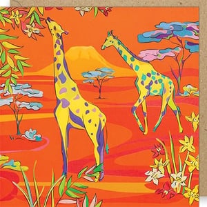 Bring a burst of sunshine and exotic charm to your card selection with this stunning 'Blank Female' card from Paper Rose. Featuring two beautifully illustrated giraffes amidst a vibrant savanna landscape, this design is a true eye-catcher. The rich oranges, sunny yellows, and striking purples create a captivating scene, complete with stylised trees, a distant mountain, and lush foreground foliage.
Perfect for any occasion, these blank cards offer ample space for a personalised message, making them a versatile choice for your customers. The unique artistic style and cheerful colour palette are sure to delight. Each pack contains 6 high-quality cards, ready to brighten up your shelves and bring a touch of the wild to your customers' greetings.