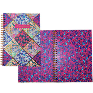 Introduce a touch of floral elegance to your stationery collection with our stunning Liberty Garden A4 Notebook. From Partisan Products Ltd., this single notebook is designed to captivate your customers.

The front cover boasts a beautiful patchwork of diamond-shaped panels, each featuring a unique, intricate floral pattern in a vibrant array of blues, pinks, purples, and greens, all accented with delicate gold detailing. A charming pink label proudly displays "Notebook" in a stylish script. Open it up to reveal a delightful surprise: the inside and back covers are adorned with a contrasting yet complementary magenta background, scattered with playful blue and purple floral motifs.

Perfect for notes, sketches, or daily journaling, its A4 size and durable gold spiral binding make it a practical and stylish choice for any customer.