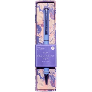 Add a touch of elegance to your everyday writing with the delightful Zara Ballpoint Pen. Designed by Violet, this charming pen features a beautiful lavender barrel, perfectly complemented by sleek silver accents for a sophisticated look. It writes effortlessly with smooth black ink, making it ideal for everything from quick notes to thoughtful letters.

The Zara pen comes presented in a gorgeous gift box, adorned with a vibrant floral pattern in shades of purple, pink, and blue. This exquisite packaging makes it a perfect present for a loved one, a thoughtful thank you, or a lovely treat for yourself. Elevate your stationery collection with this stylish and functional ballpoint pen.