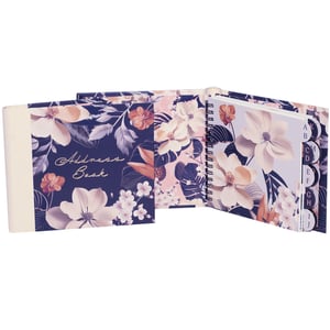 Keep your contacts beautifully organised with the stunning Zara Address Book from Partisan Products Ltd. This exquisite address book features a captivating floral design, boasting elegant white and peach-toned magnolias and other blossoms set against a rich navy blue background. The cover is adorned with the stylish script 'Address Book', adding a touch of sophistication.

Inside, you'll find a practical spiral-bound format with clearly tabbed alphabetical sections, making it effortless to locate important information. The pages continue the delightful floral theme, ensuring every entry is a pleasure to make. Perfect for personal use or as a thoughtful gift, the Zara Address Book combines timeless elegance with everyday functionality. Available as single units, it's an essential for any stationery collection.