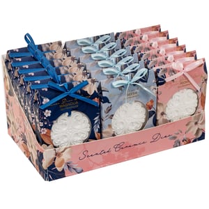 Introduce a touch of elegance and delightful fragrance to any space with our Zara Ceramic Disc and Spray collection. Each beautifully crafted ceramic disc features an intricate design, perfect for hanging in wardrobes, drawers, or small rooms.
This charming set comes in three exquisite scents: the rich aroma of Magnolia, the delicate freshness of Freesia, and the sweet allure of Peony. Each disc is accompanied by a 15ml fragrance spray, allowing your customers to easily refresh the scent whenever desired.
Presented in attractive, floral-patterned boxes with elegant ribbons, these scented discs are not only a treat for the senses but also a lovely decorative accent. Supplied in a convenient display pack of 18 units (6 of each scent), they are ready to captivate your customers and make a wonderful gift or personal indulgence. Elevate everyday freshness with Zara!
