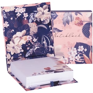 Introducing the exquisite Zara Noteblock, a perfect blend of style and practicality for any desk or gifting occasion. This beautiful noteblock features a stunning floral design, with a rich navy blue background adorned with elegant magnolias and delicate cherry blossoms on the outer cover. Inside, a soft pink palette continues the botanical theme, creating a truly harmonious look.

Each Zara Noteblock comes complete with a handy pen, neatly secured, ensuring you're always ready to jot down notes, ideas, or reminders. Its compact, self-contained design makes it an ideal accessory for home or office. Supplied by Partisan Products Ltd, this single-pack item is a delightful addition to any stationery collection, offering both beauty and utility in one charming package.