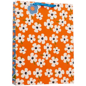 Make every gift extra special with our vibrant Extra Large Bold Floral Gift Bag. This eye-catching design features a cheerful orange background adorned with striking white, stylised flowers and delicate green accents.
The sturdy blue ribbon handles and charming matching floral tag add a touch of elegance and convenience. Its generous 'Extra Large' size makes it perfect for a wide range of presents, ensuring your customers can beautifully wrap even their biggest gifts. The unique patterned side panel adds an extra element of visual interest.
Stock up on these delightful bags, supplied in a convenient pack of 6 by Partisan Products Ltd, and offer your customers a truly memorable gifting solution.