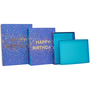 Make every birthday gift extra special with our delightful Birthday Blue 3 Nested Shirt Boxes! This charming set features three beautifully designed boxes, perfect for presenting a range of gifts. Each box boasts a vibrant blue exterior adorned with a playful confetti pattern and shimmering gold 'HAPPY BIRTHDAY' lettering. Open them up to reveal a striking turquoise interior, adding an unexpected pop of colour.

Ideal for clothing, accessories, or a collection of smaller treats, these nested boxes offer both style and convenience. They store neatly inside each other when not in use, making them a practical and pretty choice for any celebration. This single pack provides a complete gifting solution.