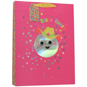 Get ready to party with our Extra Large Disco Queen Gift Bag! This vibrant fuchsia bag is sure to make any gift stand out. Featuring a super cute disco ball character, complete with playful googly eyes and a stylish yellow cowboy hat, it's packed with personality. The colourful "Disco Queen" text and shimmering holographic stars and confetti add extra sparkle and fun.
Perfect for birthdays, hen parties, or any celebration that calls for a touch of disco glam. Its extra-large size means it's ideal for bigger presents. Supplied by Partisan Products Ltd in a convenient pack of 6, this eye-catching gift bag is a must-have for retailers looking to offer exciting and memorable gift packaging.