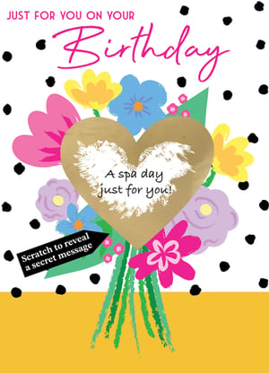 Celebrate her special day with this charming 'Open Birthday Female' card from Second Nature. Adorned with a vibrant bouquet of colourful flowers and playful polka dots, this card is designed to bring joy. The true delight is hidden beneath the shimmering gold heart: a unique scratch-off panel that reveals a wonderful 'A spa day just for you!' message, adding an exciting interactive surprise to her birthday. This beautifully designed card is perfect for any female recipient and promises to make her celebration even more memorable. Stock up with our convenient pack of 6 and offer your customers something truly special.