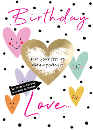 Introduce the "Open Birthday Female" card from Second Nature – a delightful choice for her special day. This cheerful card features a charming design of colourful hearts with sweet smiling faces, set against a backdrop of playful polka dots. The vibrant pink "Birthday Love..." script adds a warm touch. The main attraction is the interactive gold scratch-off heart, revealing a pampering message: "Put your feet up with a pedicure!". There's also another secret message to discover, adding an element of fun. Perfect for anyone deserving of a relaxing treat. Supplied in a convenient pack of 6, these cards are a lovely addition to your retail collection.
