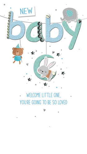 Celebrate the arrival of a precious baby boy with this utterly charming 'Birth Congrats Boy' card from Second Nature. Adorned with a delightful 'NEW baby' banner featuring sweet blue and teal lettering, this card is sure to bring a smile.
The adorable design showcases a sleepy bunny nestled on a crescent moon, a cute bear in a party hat, and a friendly elephant, all surrounded by twinkling stars and tiny hearts. The heartfelt message, 'WELCOME LITTLE ONE, YOU'RE GOING TO BE SO LOVED,' perfectly captures the joy of a new arrival.
With lovely textured details and subtle embellishments, this card offers a premium feel. Perfect for any retailer, these cards come in a convenient pack size of 1x3, ready to delight your customers.