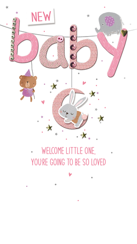 Welcome a precious baby girl with this delightful card from Second Nature. Our 'Birth Congrats Girl' design features an adorable pink "NEW BABY" banner, beautifully embellished with sparkling gems and buttons for a touch of charm. Sweet characters like a little bear, a friendly elephant, and a sleeping bunny nestled on a crescent moon add to its irresistible appeal. The heartfelt message, "WELCOME LITTLE ONE, YOU'RE GOING TO BE SO LOVED," perfectly captures the joy of a new arrival. This charming card is designed to bring smiles and warm wishes. Supplied in a convenient pack of 3, it's a lovely addition to your greeting card selection, ready to celebrate those special moments.