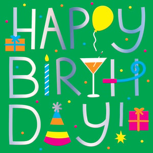 Celebrate in style with this vibrant 'Happy Birthday!' card from Second Nature. Featuring a playful and modern design, this card is bursting with classic birthday cheer. The bold, silver-toned lettering of 'HAPPY BIRTHDAY!' is beautifully complemented by fun illustrations, including a cheerful yellow balloon, a festive party hat, a glowing candle, and even a celebratory cocktail. Scattered confetti adds an extra touch of joy. Perfect for sending warm wishes to a special woman, this eye-catching card is sure to bring a smile to her face on her big day. A truly delightful way to mark the occasion!