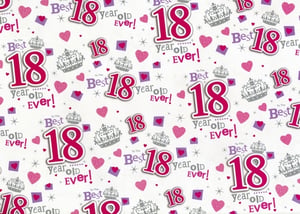 Celebrate a milestone 18th birthday in style with our delightful Age 18 Female Gift Wrap! This charming design features bold pink '18's, elegantly framed with the heartfelt message 'To The Best 18 Year Old Ever!'.

Adorned with sparkling pink hearts, regal grey crowns, and playful purple accents, it's the perfect way to present a special gift. Scattered stars add an extra touch of magic, making every present feel truly unique. This vibrant and feminine wrap ensures their 18th birthday gift stands out, creating a memorable moment for the birthday girl. Make their special day even brighter!