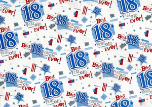 Celebrate a significant milestone with our Age 18 Male Gift Wrap! This vibrant paper is designed to make any 18th birthday gift extra special. Featuring bold blue '18's and the heartfelt message 'To The Best 18 Year Old Ever!', it's perfect for marking this important occasion. The design incorporates a fun mix of stars, stripes, and geometric patterns in classic red, white, and blue, ensuring a stylish presentation. It's the ideal way to wrap up their special day, making their gift stand out. Give them a birthday to remember!