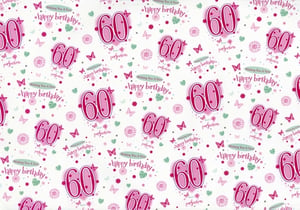 Celebrate a significant milestone with our beautiful Age 60 Female Gift Wrap, perfect for making any birthday gift extra special. From I Party Ltd, this delightful design features elegant '60' motifs in vibrant pinks, beautifully accented with delicate greens and a crisp white background.

The wrap is adorned with charming butterflies, sweet hearts, and sparkling dots, creating a truly feminine and joyful presentation. Repeated "Wishing You A Very Happy Birthday" messages add a warm, personal touch. Ideal for retailers, this high-quality gift wrap is designed to appeal to customers seeking a stylish and celebratory option for a special 60th birthday. Available in a convenient pack size of 1x24.