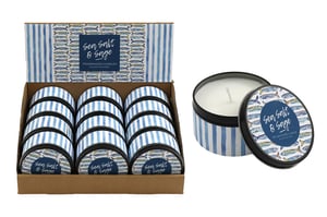 Introduce a breath of fresh coastal air to your customers with our charming Sea Salt & Sage Fragranced Tin Candles. These delightful candles come in beautifully designed tins, featuring a playful sardines pattern on the lid and classic blue and white stripes. The invigorating Sea Salt & Sage fragrance is perfect for creating a serene, uplifting atmosphere.
Each pack contains 12 individual candles, presented in an attractive display box, making them an ideal ready-to-sell item for your store. Perfect for gift shops, homeware boutiques, or any retailer looking to add a popular, eye-catching product to their collection. Supplied by Sifcon International PLC.