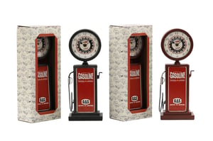 Step back in time with our charming Retro Gas Pump Clocks! These delightful clocks, available in classic black or rustic brown, are designed to resemble vintage gasoline pumps. Each features a detailed clock face and authentic 'PREMIUM GASOLINE' signage, complete with a hose and nozzle detail. Perfect for adding a touch of nostalgic charm to any home, office, or 'man cave', they make a fantastic gift for car enthusiasts or anyone who appreciates retro style. Each clock comes beautifully packaged in a box adorned with classic car illustrations. Sold in convenient packs of two, these unique timepieces are sure to be a popular addition to your retail offering.