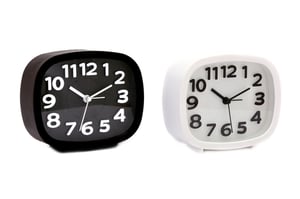Introduce a touch of modern simplicity to your customers' homes with our stylish 12cmx10cm Alarm Clock 2 Asstd. This delightful pack includes two contemporary alarm clocks, one in classic black and one in crisp white, offering versatile options to suit any decor.
Each clock features a sleek, rounded square design with clear, easy-to-read numbers and hands, ensuring time-telling is effortless. Perfect for bedside tables, desks, or shelves, these compact and charming clocks are not just practical timekeepers but also attractive decorative pieces. Supplied by Sifcon International PLC, this 1x2 pack is an ideal addition to your retail collection, promising both functionality and aesthetic appeal.