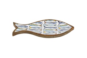 Bring a touch of coastal charm to any home with our delightful 40cm Wooden Sardines Enamelled Tray. This unique fish-shaped tray is crafted from beautiful natural wood, providing a warm and rustic base. The star of the show is its vibrant enamelled surface, adorned with an array of beautifully illustrated sardines in various shades of blue, yellow, and grey.
Perfect for serving appetisers, displaying decorative items, or simply as a standalone piece of art, this tray adds a playful yet sophisticated nautical theme to any setting. Its generous 40cm size makes it versatile for many uses. Supplied as a single item, it’s an ideal addition to your homeware collection, sure to catch the eye of your customers. A charming and practical piece from Sifcon International PLC.