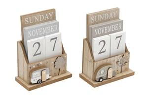 Bring a touch of whimsical charm to your customers' homes with our delightful Wooden Caravan Desktop Block Calendar. This adorable perpetual calendar, supplied by Sifcon International PLC, is crafted from natural wood in soothing neutral tones of grey, white, and light brown. Its charming design features a cute caravan with heart and bunting details, alongside a sweet tree motif, adding a homely feel to any space.
Functional and decorative, this calendar allows users to easily update the day, month, and date using the individual wooden blocks. It's a perfect accent for desks, shelves, or mantels, bringing a rustic yet playful vibe. Ideal for gifting or as a charming addition to any home or office, this calendar is sure to be a popular item. Available in single units, it's a must-have for your retail collection.