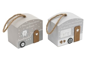 Add a touch of wanderlust to any home with our charming Wooden Caravan Doorstops. This delightful duo, available in a convenient pack of two, features a quaint caravan design in soft grey and white tones, complete with rustic rope handles. Each doorstop carries a heartwarming message; one reads "Always at Home wherever We Roam," while the other declares "Our Caravan where Memories are made and Adventures begin."
Crafted from wood with sweet details like little windows, wheels, and wooden doors adorned with a heart or a star, these doorstops are both practical and decorative. Perfect for caravan enthusiasts or anyone who loves a cosy, homely feel, they make a wonderful gift or a lovely addition to any room.