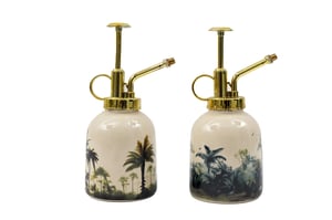 Elevate your plant care routine with our charming Sepia Print Water Spray. This elegant mister combines functionality with exquisite design, making it a delightful addition to any home or garden enthusiast's collection. Crafted with a beautiful ceramic body, it features a sophisticated gold-toned pump mechanism that delivers a fine, gentle mist – perfect for hydrating delicate houseplants.
Each sprayer showcases a unique, lush jungle-inspired print. One design captures the serene beauty of palm trees in warm sepia tones, while the other offers a deeper, verdant green landscape. These decorative details transform a simple plant accessory into a stylish statement piece. Offer your customers a blend of practicality and aesthetic appeal with these eye-catching water sprays, sure to brighten up any indoor greenery display.