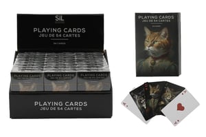 Introduce a touch of feline charm to your store with these delightful Cat Playing Cards from Sifcon International PLC. Each deck features 54 beautifully illustrated cards, showcasing regal cats in charming historical-style portraits. From queens to aces, every card is a miniature work of art, sure to captivate cat lovers and card game enthusiasts alike.
Perfect for family game nights, unique gifts, or simply adding a touch of elegance to any collection, these playing cards are a wonderful addition. Supplied in a convenient display box containing 24 individual decks, they're ready to charm your customers and make a great impulse purchase. Add a purr-fectly unique item to your inventory today!