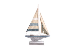 Bring a touch of seaside charm to any home with our delightful 54cm Sailing Boat. This beautifully crafted decorative piece, supplied by Sifcon International PLC, features a charming distressed finish in calming blue and cream tones. The sails are adorned with classic stripes and a playful "THIS WAY TO THE BEACH" sign, instantly evoking coastal vibes. Perfect for adding a nautical accent to shelves, mantels, or display cabinets. Each boat is packed individually, making it easy to stock and sell. A wonderful addition to any retail collection looking to capture the essence of the coast.