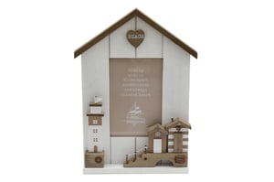 Introduce a breath of fresh coastal air to your customers' homes with our charming 20x28cm Beach House Photo Frame. From Sifcon International PLC, this unique frame captures the essence of the seaside with its delightful house design, finished in a rustic white and natural wood. It features charming 3D embellishments including a "BEACH" heart, a classic lighthouse, and two adorable beach huts, creating a truly picturesque scene. The central photo area is complemented by a sweet sailboat motif and the heartwarming quote, "Side by side or miles apart, good friends are always close at heart." Perfect for showcasing cherished memories, this frame is sold individually and makes an ideal gift or decorative piece.