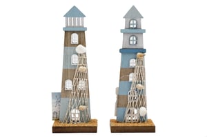 Bring a touch of seaside charm to any home with our delightful 28cm Blue Wooden Lighthouses. Crafted with care, these decorative pieces feature a classic blue and natural wood striped design, complete with charming windows and a rustic fishing net adorned with real seashells. Each lighthouse stands on a sandy-effect base, adding to its authentic coastal appeal. Perfect for brightening up shelves, mantelpieces, or as a unique gift, they evoke memories of sunny beach days. Supplied by Sifcon International PLC in a convenient pack of two, these lighthouses are an ideal addition for retailers seeking popular and attractive nautical accents for their customers.