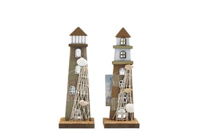 Bring a touch of seaside charm to any home with our delightful 20cm Natural Wooden Lighthouse set. Each wholesale pack contains two beautifully crafted lighthouses, offering a unique coastal accent. Made from natural wood, these charming decorations feature intricate details like decorative netting, delicate seashells, and a sandy base, evoking memories of sunny beach days. Perfect for adding a nautical flair to shelves, mantels, or windowsills, they make wonderful gifts for ocean lovers or a lovely addition to any beach-themed decor. Their rustic appeal and charming design are sure to brighten any space. Stock up on these popular decorative pieces from Sifcon International PLC.