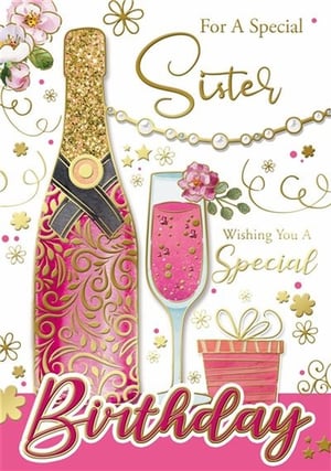 Offer your customers the perfect way to celebrate their sister's birthday with this charming card from Xpress Yourself. The design showcases a dazzling glitter champagne bottle and a sparkling pink bubbly flute, creating a truly festive feel. Elegant gold swirls, delicate pink flowers, and a sweet gift box complement the heartfelt message: 'For A Special Sister, Wishing You A Special Birthday'. With its vibrant pink and gold palette, this card is sure to catch the eye. Available in a convenient pack of 12, it's an excellent addition to your greeting card selection, allowing customers to easily find a beautiful card for their beloved sister.