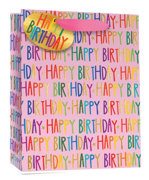 Make every birthday gift presentation a joyous occasion with our Large Pink Happy Birthday Gift Bag. This vibrant bag features a cheerful pink background, beautifully decorated with repeated 'HAPPY BIRTHDAY' messages in a playful array of rainbow colours, accented with shimmering gold details and tiny stars. A delightful gold oval tag, also proclaiming 'HAPPY BIRTHDAY' in colourful letters, adds an extra festive flourish. Finished with sturdy pink ribbon handles, this spacious bag is perfect for a variety of birthday presents. From trusted supplier Simon Elvin, these eye-catching bags are available in a convenient pack of 6, making them an excellent addition to your retail offering. Help your customers celebrate in style!