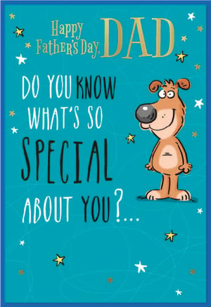 Celebrate Father's Day with this wonderfully cheerful card from Simon Elvin! Featuring a friendly, big-nosed cartoon character on a vibrant teal background, this card is sure to bring a smile to any dad's face. Adorned with sparkling gold and white stars, the front reads "Happy Father's Day, DAD" and poses the intriguing question, "DO YOU KNOW WHAT'S SO SPECIAL ABOUT YOU?...". This playful design sets the perfect tone for a heartfelt message inside. Ideal for sons and daughters looking to show their appreciation, these cards are a delightful addition to any retail display. Available in a convenient pack of 6, ensuring you're well-stocked for the occasion.