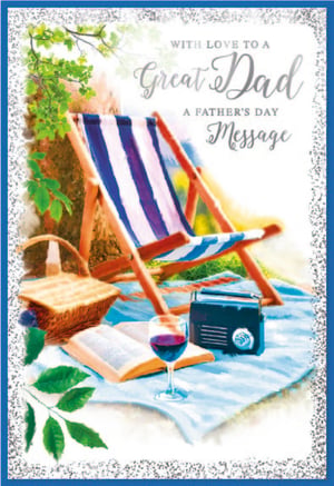 Help your customers celebrate their amazing dads this Father's Day with this delightful card from Simon Elvin. The front features a beautifully illustrated scene of pure relaxation: a classic striped deckchair, a picnic basket, an open book, and a glass of wine, all set on a tranquil blue blanket amidst lush greenery. A vintage radio adds a touch of nostalgia. The heartfelt message 'WITH LOVE TO A Great Dad A FATHER'S DAY Message' makes it perfect for showing appreciation. This thoughtful card is an ideal way to convey warmth and love. Available in a convenient pack of 6, ensuring you're stocked for the occasion.