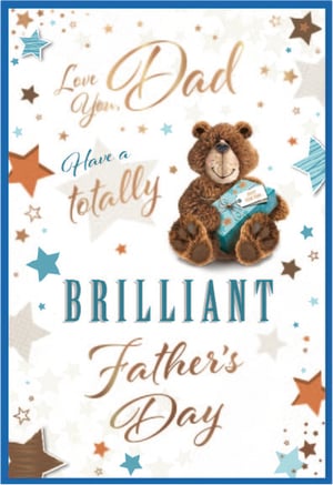 Make Father's Day extra special with this delightful card from Simon Elvin. This charming design features a cuddly brown teddy bear, proudly holding a blue gift, ready to bring a smile to any dad's face. The card's heartfelt message, "Love You, Dad, Have a totally BRILLIANT Father's Day," is beautifully complemented by a scattering of stars in warm blues, browns, and creams. It's the perfect way for customers to show their appreciation. Available in a convenient 1x6 pack size, this card is a wonderful addition to your greeting card selection.