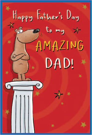 Make Father's Day extra special with this charming card from Simon Elvin. It features a wonderfully proud cartoon character, standing tall on a classical column, perfectly embodying the message "Happy Father's Day to my AMAZING DAD!". The vibrant red background, adorned with playful swirls and sparkling stars, creates a celebratory feel. This delightful card is designed to bring a big smile to any dad's face. Stock up with this convenient pack of 6, ready for your customers. Product: Dad. Supplier: Simon Elvin. Pack size: 1x6.