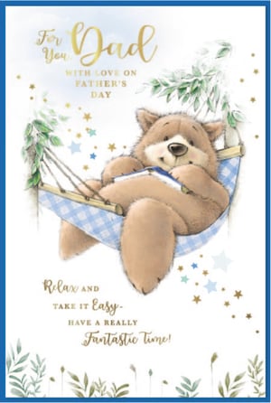 Make Father's Day extra special with this delightful 'Dad' card from Simon Elvin. This charming design features an adorable, fluffy bear enjoying a well-deserved rest in a blue and white hammock, engrossed in a book. The sweet message, 'For You Dad, With Love On Father's Day. Relax and Take It Easy - Have a Really Fantastic Time!', perfectly conveys warm wishes.
Adorned with sparkling gold and blue stars and lush green foliage, this card offers a lovely blend of warmth and relaxation. It's the perfect way to encourage dads to unwind and enjoy their special day. Available in a convenient pack of 6, these cards are an excellent choice for your Father's Day collection.