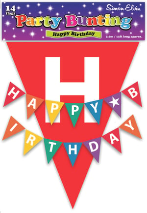 Make any birthday celebration bright and cheerful with this colourful Happy Birthday Bunting from Simon Elvin! This delightful bunting features 14 flags, spelling out "HAPPY BIRTHDAY" in a vibrant rainbow of hues. Measuring approximately 3.6m (12ft) long, it's a great length to decorate any party space, creating an instant festive atmosphere. The bold red main flag provides a striking backdrop, ensuring this bunting catches the eye. Easy to hang, it's a wonderful addition to any birthday bash. Sold as single packs, it's convenient for your party supplies.