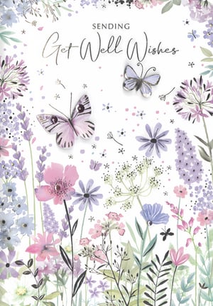 Brighten someone's day with our lovely 'Get Well Female' card from Simon Elvin. This beautiful card features a delicate watercolour design, bursting with an array of soft purple, pink, and blue flowers, creating a truly comforting and uplifting scene. Two charming butterflies flutter gracefully amidst the blooms, adding a touch of serene beauty.

The elegant script message, 'SENDING Get Well Wishes', conveys heartfelt sentiments with warmth and care. Perfect for offering encouragement and a gentle reminder that they're in your thoughts. Each card is crafted with quality and comes in a convenient pack of six, making it an ideal addition to your greeting card selection. Help your customers send the perfect message of recovery and hope.