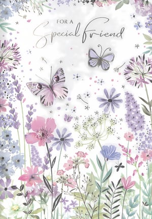 Introduce your customers to this enchanting "Special Friend" greeting card from Simon Elvin. Adorned with a delicate watercolour illustration, it showcases a beautiful array of pastel flowers and elegant butterflies, creating a truly charming design. The heartfelt message "FOR A Special Friend" is elegantly scripted, making it perfect for conveying warm wishes. With its gentle hues and pretty details, this card is an ideal choice for celebrating cherished friendships. Stock up with our convenient 1x6 pack size and offer your customers a truly lovely option for their special friends.