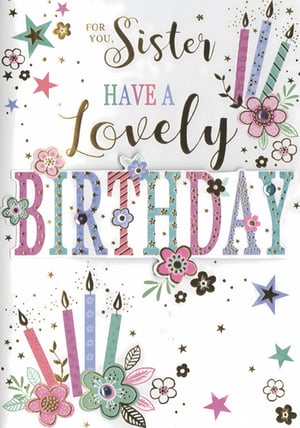 Celebrate a special sister's birthday with this delightful card from Simon Elvin. Featuring a charming design, this card wishes 'FOR YOU, Sister HAVE A Lovely BIRTHDAY' in elegant script and bold, colourful lettering. The 'BIRTHDAY' text stands out with its raised, patterned finish, adding a touch of dimension.
Adorned with pretty floral accents, twinkling stars, and festive candles in soft pastel shades of pink, purple, blue, and green, it's sure to bring a smile. Subtle glitter details enhance the celebratory feel, making it a truly lovely choice. Perfect for showing appreciation, this card comes in a convenient pack of 6, ready for your retail display.
