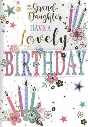 Celebrate a special granddaughter's birthday with this delightful card from Simon Elvin. Featuring a charming design, the card showcases elegant gold script spelling out 'FOR YOU, Grand-Daughter HAVE A Lovely' complemented by vibrant, patterned block letters for 'BIRTHDAY'.
The design is adorned with an array of colourful candles, sparkling stars, and pretty floral embellishments, some with delicate gem details, creating a truly festive feel. Gold foil accents and scattered confetti dots add a touch of sparkle and luxury. This card is perfect for conveying warm wishes on her special day.
Supplied by Simon Elvin, each pack contains 6 cards, ideal for retailers looking to offer a beautiful and heartfelt option for granddaughters.