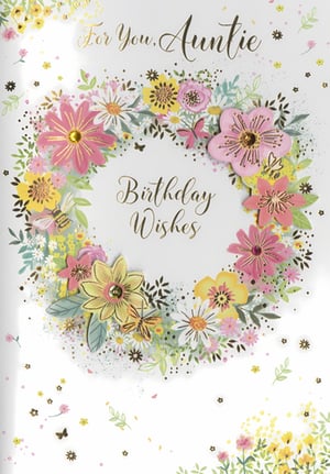 Celebrate a special Auntie's birthday with this gorgeous card from Simon Elvin. Featuring a delightful floral wreath, bursting with vibrant pinks, yellows, and whites, it's a truly eye-catching design. Delicate butterflies and bees flit amongst the blooms, some of which are beautifully layered with sparkling gem centres and gold foil accents, adding a touch of luxury. The heartfelt message 'For You, Auntie' and 'Birthday Wishes' is elegantly scripted. Perfect for retailers looking to offer high-quality, charming birthday cards. Each pack contains 6 identical cards, ensuring you're well-stocked for those important family occasions.