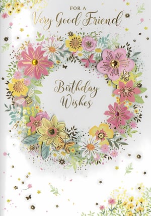 Celebrate special friendships with this exquisite 'Friend Female' birthday card from Simon Elvin. Adorned with a vibrant floral wreath, the design features beautifully layered pink and yellow flowers, delicate daisies, and charming butterflies, all enhanced with shimmering gold accents and a touch of sparkle. The intricate details and embossed elements give this card a truly premium feel, making it ideal for conveying heartfelt birthday wishes to a very good friend. Supplied in a convenient pack of 6, these delightful cards are a must-have for your retail collection, offering customers a truly special option.