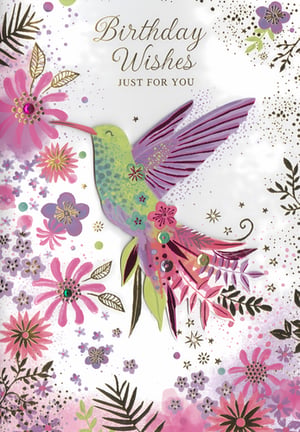 Brighten any birthday with this exquisite 'Open Birthday Female' card from Simon Elvin. This stunning design features a vibrant hummingbird gracefully hovering amidst a cascade of colourful flowers and foliage. Rich pinks, purples, and greens are beautifully accented with sparkling gold details and delicate gem embellishments, adding a touch of luxury. The elegant 'Birthday Wishes Just For You' message makes it a perfect choice for any special woman. This beautiful card is sure to capture attention on your shelves. Available in a convenient pack of 6.