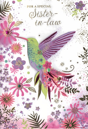 Delight your customers with this truly enchanting greeting card, perfect for a special Sister-in-law. Featuring a stunning, vibrant hummingbird at its heart, surrounded by a beautiful array of pink and purple flowers, delicate foliage, and shimmering gold accents, this card is a visual treat. The intricate details and cheerful colours make it an ideal choice for celebrating a wonderful sister-in-law on any occasion. Supplied by Simon Elvin, these gorgeous cards come in a convenient pack size of 1x6, ensuring you're well-stocked with a thoughtful and eye-catching option for your card display.